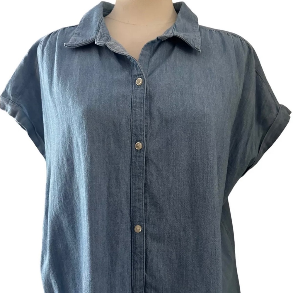 Old Navy Women Maternity L Blue Chambray Denim Button Front Short Sleeve Dress